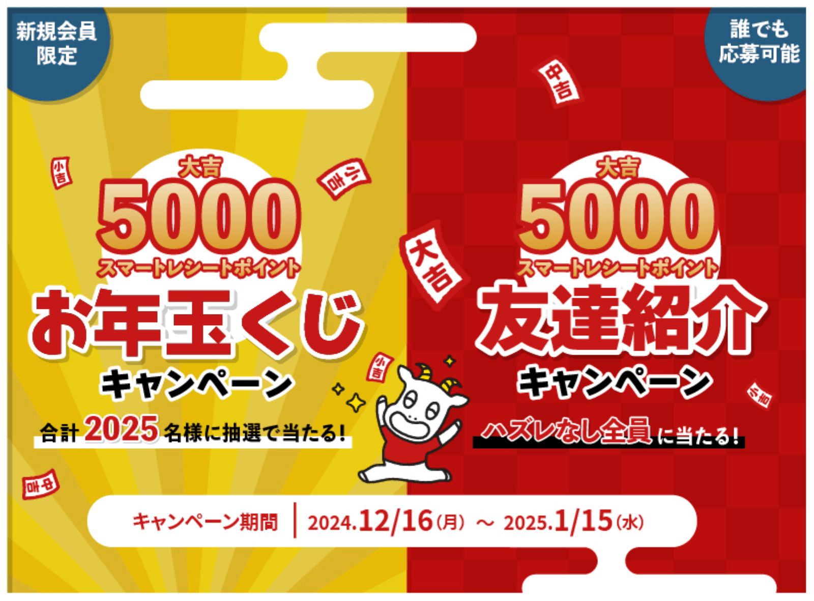 新規会員限定 5000 スマートレシートポイント お年玉くじ キャンペーン & 5000 スマートレシートポイント 友達紹介 キャンペーン