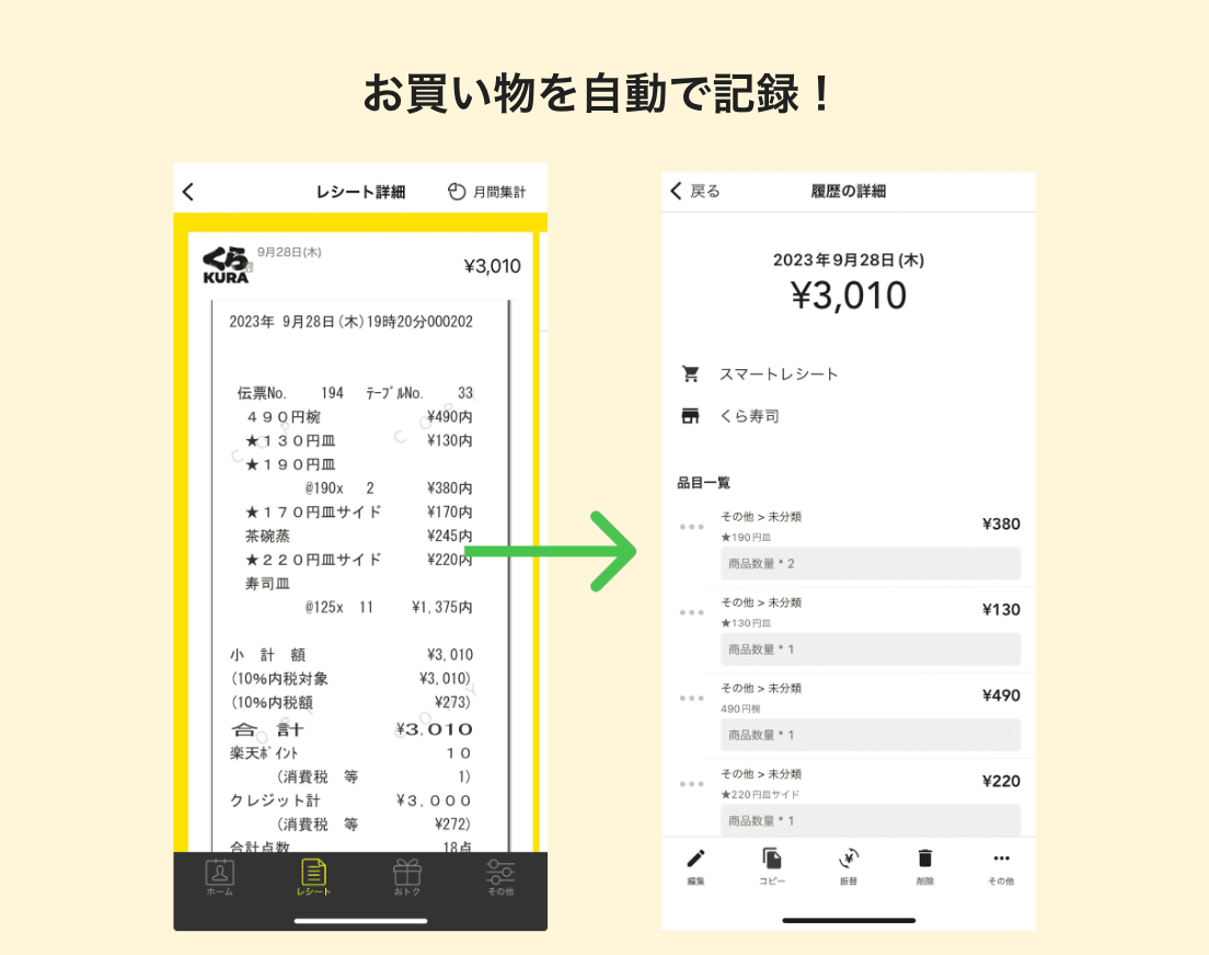 お買い物を自動で記録！